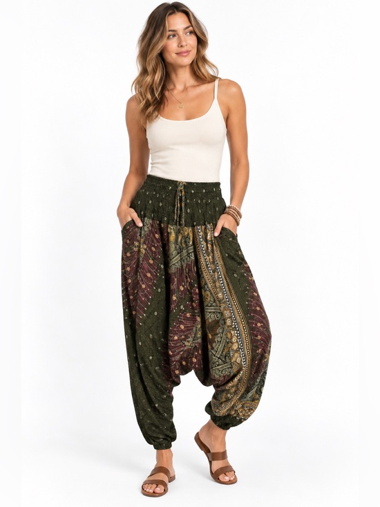 Pants - Womens Boho Harem Pants Patchwork Paisley Smocked Waist Festival Hippie Small